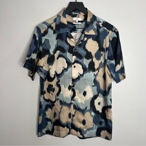 REISS Fangio Floral Print Cuban Collar Camp Button Down Shirt Mens Medium Blue
